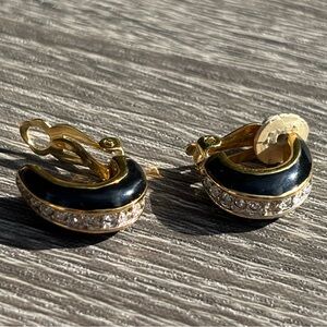 Nina Ricci Clip On Earrings 22k Gold Plated With Swarovski Crystals Black Enamel